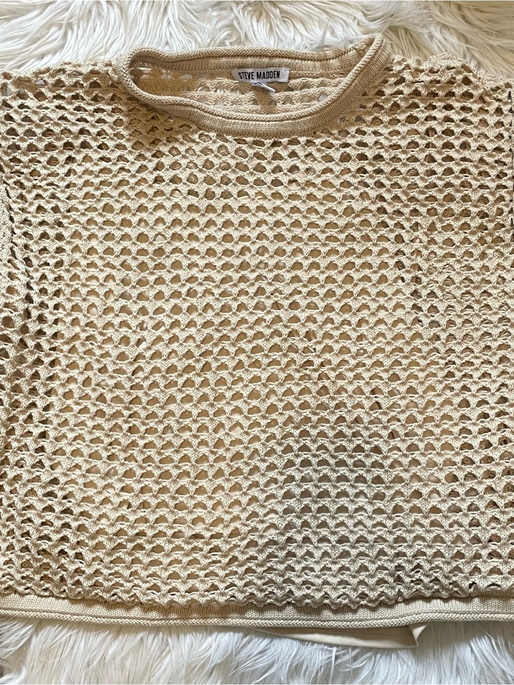 Steve Madden Open-Knit Crewneck Sweater in Cream